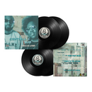 Vinyl records with artwork and text on a white background