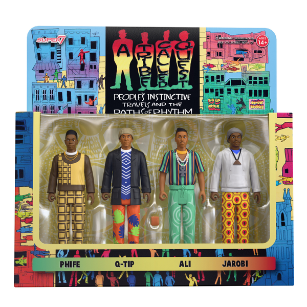 Four action figures of the group  in a colorful box with 'A Tribe Called Quest' and Peoples Instinctive Paths album cover 