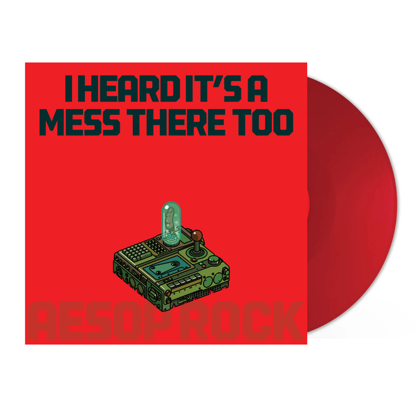 Vinyl record with red cover featuring a an electronic gadget graphic and text for Aesop Rock 