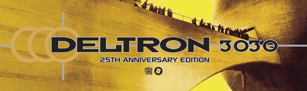 Promotional graphic for Deltron 3030's 25th Anniversary Edition with a yellow and black color scheme.
