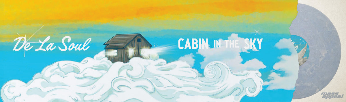 promo banner with Album cover for 'Cabin in the Sky' by De La Soul with a cabin in the clouds and colorful sky.