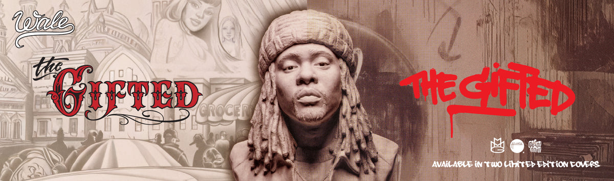 Promotional banner for Wales The Gifted on vinyl showing images from the album cover of Wales head and graffitti art 