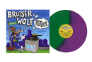 Vinyl record saying the album title Potluck and the artist name Bruiser Wolf with a cartoon wolf character and cityscape on the cover