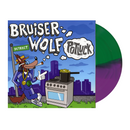 Vinyl record saying the album title Potluck and the artist name Bruiser Wolf with a cartoon wolf character and cityscape on the cover