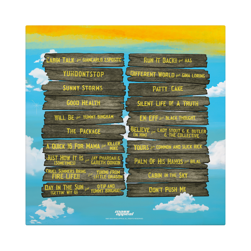 Album cover with wooden planks and song titles against a blue sky with clouds