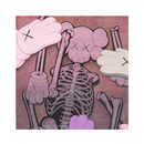 Cartoon skeleton with pink gloves and a red background