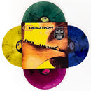 Vinyl records with colorful sleeves and a central cover displaying 'Deltron 3030'.