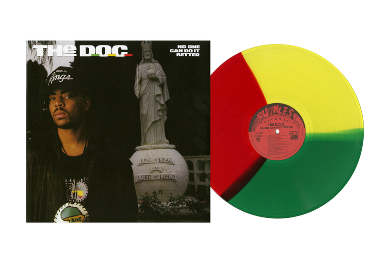 front cover of the DOC album and a Vinyl record with a colorful disc and cover featuring a person and statue.
