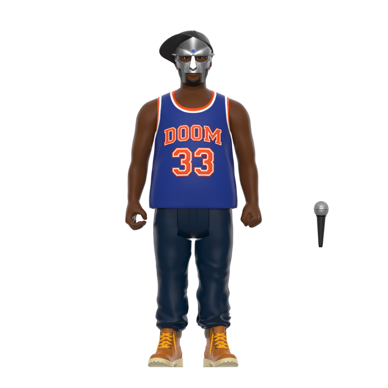 Figure wearing a blue jersey with 'DOOM 33' on a white background