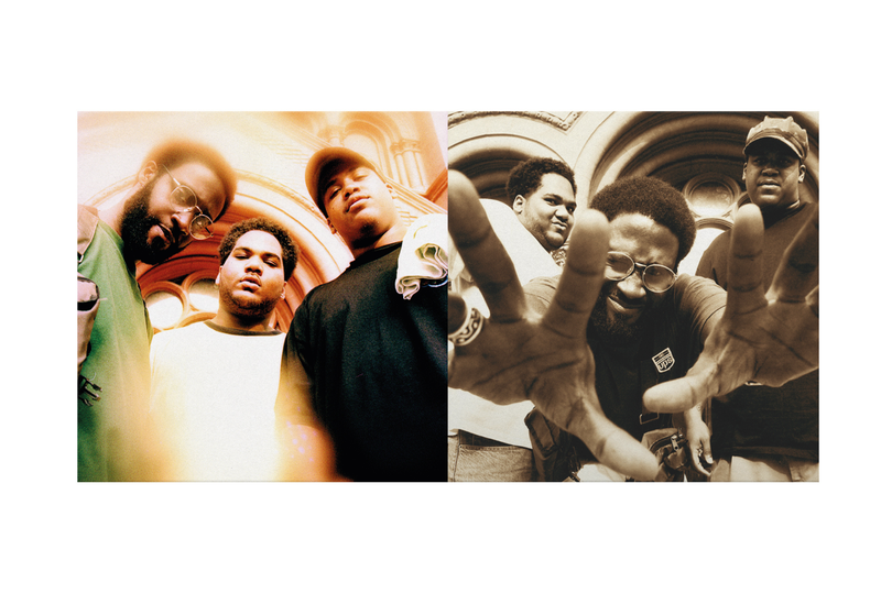 Gatefold with two images of De La Soul of people posing together, one in color and one in black and white