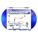 Vinyl record with a futuristic design and text on a blue and white background