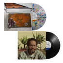 Vinyl record with colorful sleeve, doormat, and photo of a person with plants.