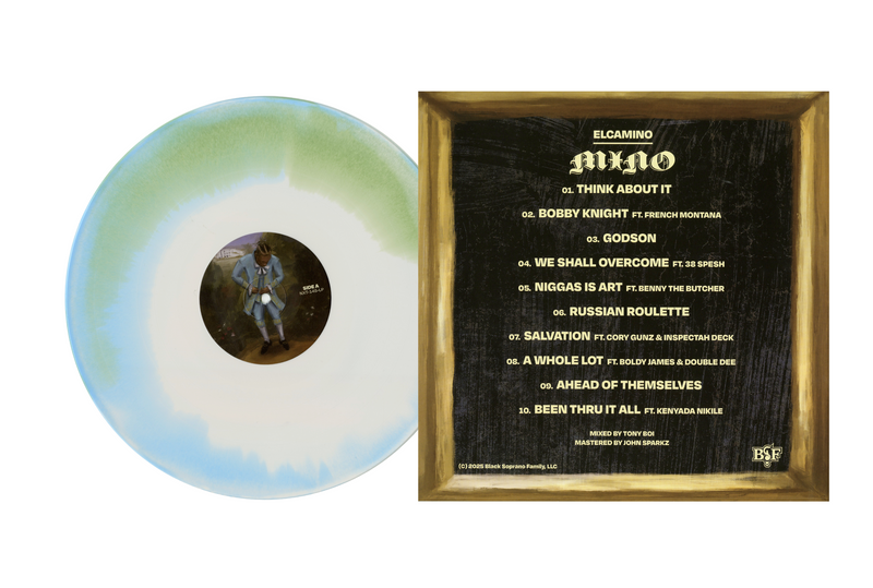 Vinyl record with a colorful swirl design and a framed tracklist on a white background