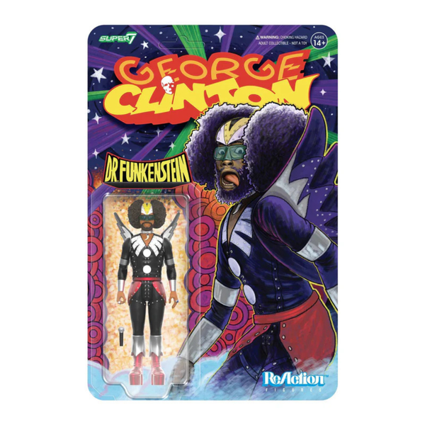 George Clinton Dr. Funkenstein action figure packaging with colorful design