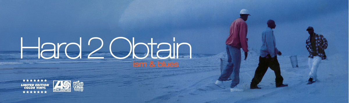 promo banner for Ism & Blues album with three people walking on a beach with text 'Hard 2 Obtain' and logos in the background. 