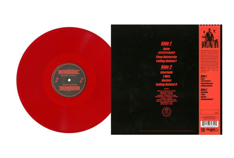 Back cover of K-Otix Spontaneity album with tracklist and red record to the left 