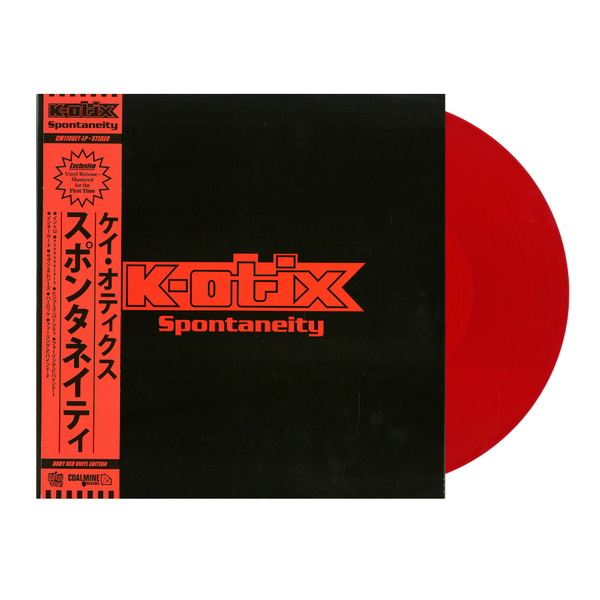 Cover of K-Otix Spontaneity album and a red japanese OBI strip with a red record 