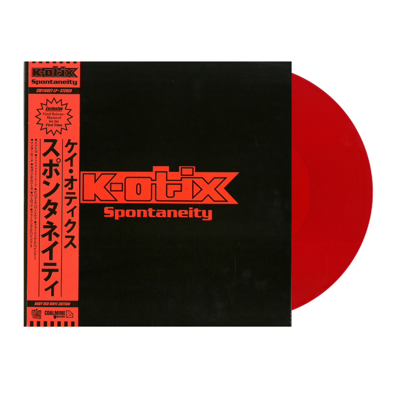 Cover of K-Otix Spontaneity album and a red japanese OBI strip with a red record 