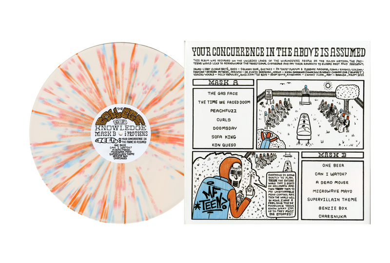 MF Teen back of the Vinyl record  and jacket with a colorful design and a comic strip on a white background