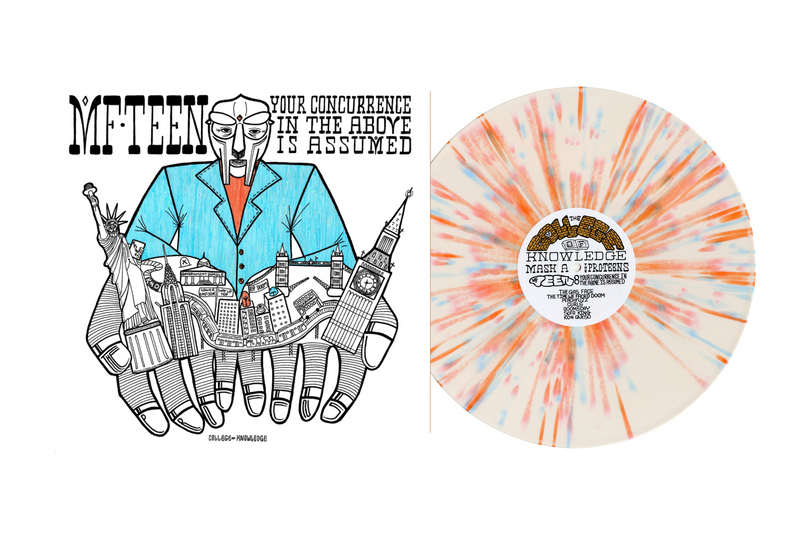 fronf of the MF TEEN Vinyl record with colorful design and text, alongside a stylized illustration of a person and cityscape.