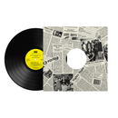 Vinyl record with a newspaper-style cover featuring black and white images and a yellow label.