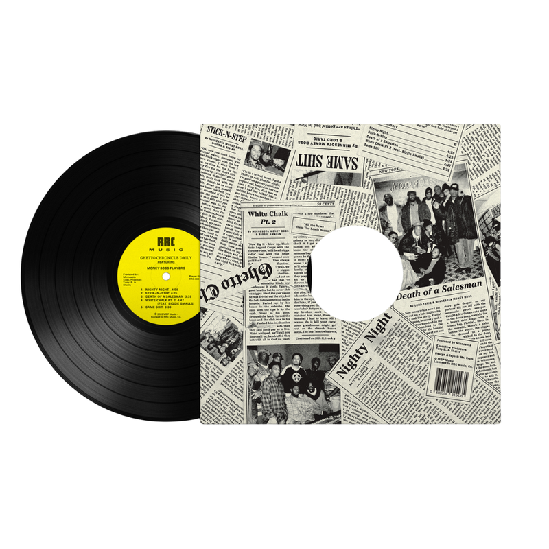 Vinyl record with a newspaper-style cover featuring black and white images and a yellow label.