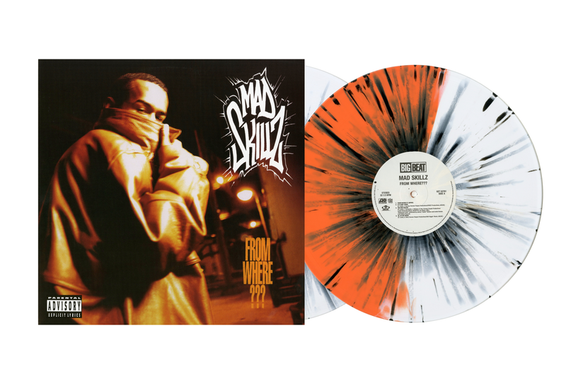 Half orange and white with black splatter Vinyl record with a colorful sleeve and a person in a hooded outfit.