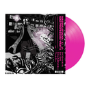 Vinyl record with a black and white cover featuring a person and text, pink disc.