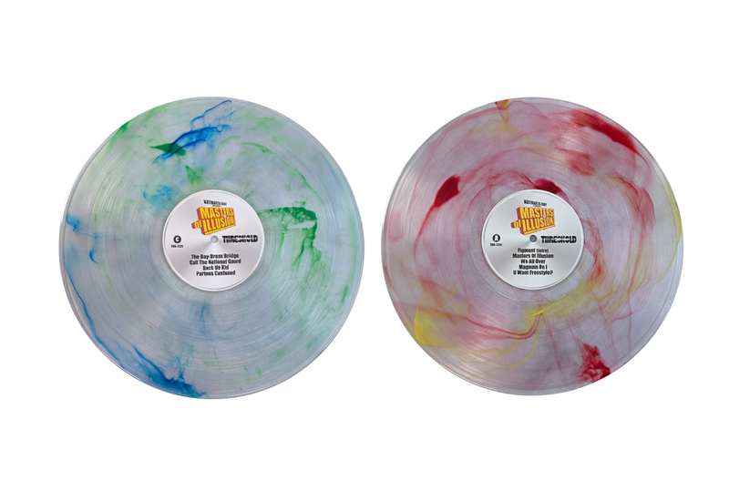 Two Masters of Illusion vinyl records with colorful marbled designs on a white background