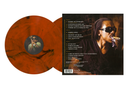 Vinyl record with red disc and black cover featuring a person with sunglasses and a cigar and the album tracklist