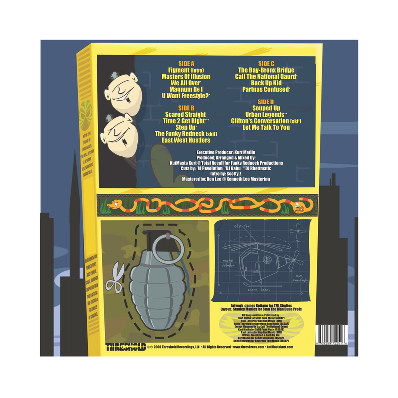 Back cover of Masters of Illusion vinyl record with cityscape design, cartoon faces, and graphic elements.