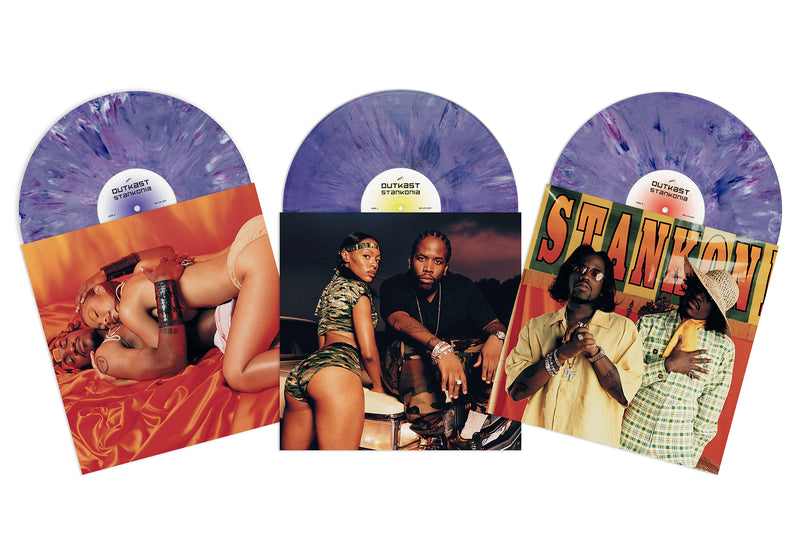 Three purple vinyl records coming out of the Stankonia inner jacket sleeves with pictures of Big Boi and Andre
