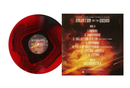 Vinyl record with a red, abstract design and a music album cover featuring fiery text.