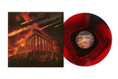 Vinyl record with a fiery temple design on the cover and red vinyl sleeve.