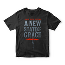 Black t-shirt with 'A New State of Grace' text and logo on a white background