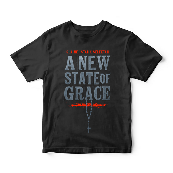 Black t-shirt with 'A New State of Grace' text and logo on a white background