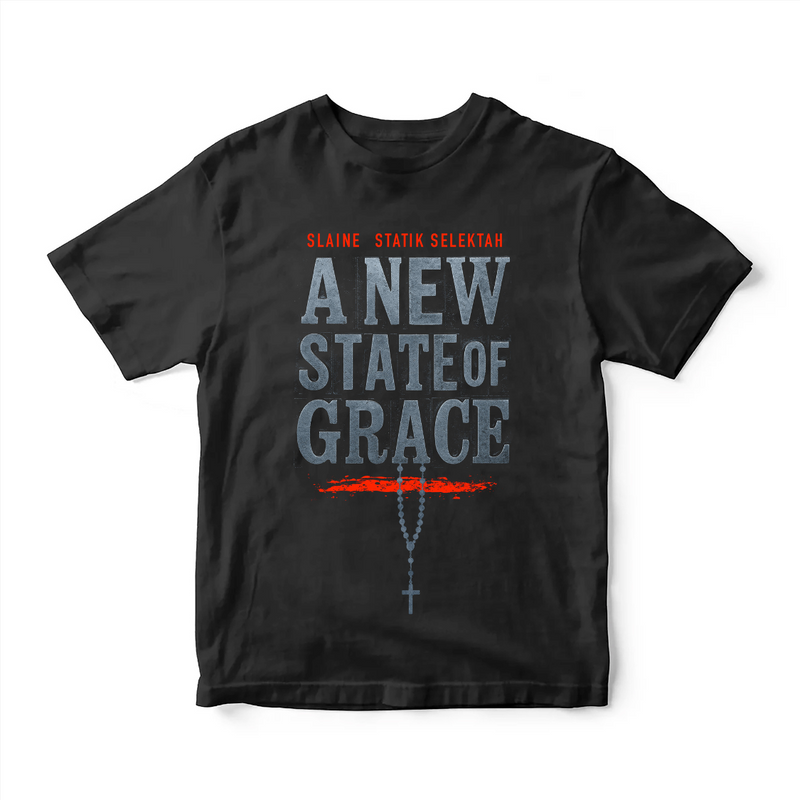Black t-shirt with 'A New State of Grace' text and logo on a white background