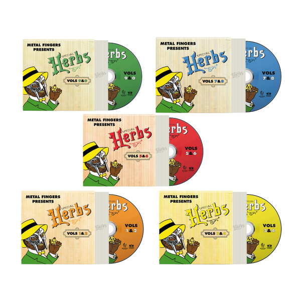 Set of CDs of MF DOOM's Special Herbs' and colorful covers on a white background