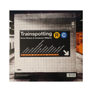 Vinyl record cover with 'Trainspotting' text and a stylized subway sign design and tracklist.
