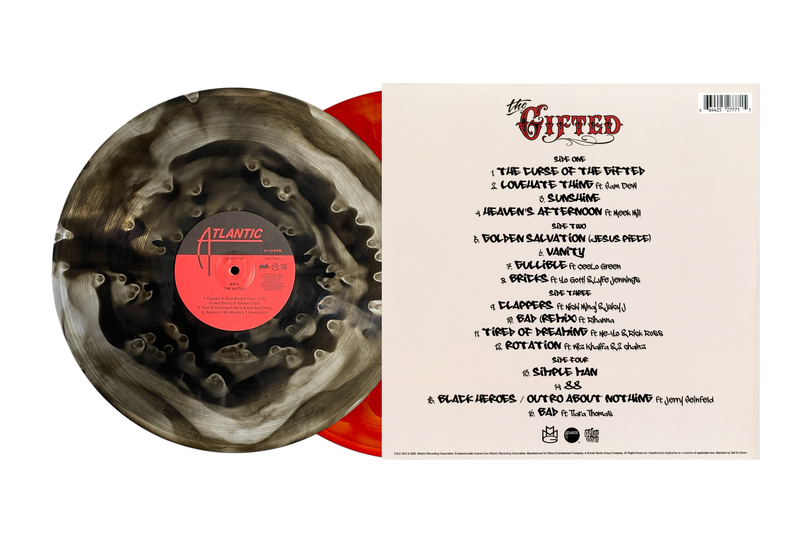 Vinyl record with textured label and back cover displaying tracklist on a white background and ghostly colored record to the left