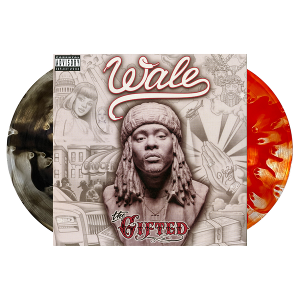 Vinyl record with 'Wale' album cover of The Gifted featuring a stylized portrait and cityscape.
