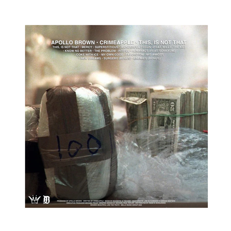 back Album cover with cocaine  and money, featuring text about Apollo Brown and Crimeapple and tracklist