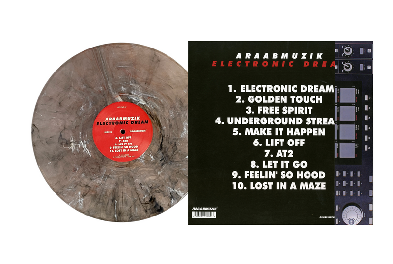 Vinyl record with a marbled design and a black cover with tracklist on back cover