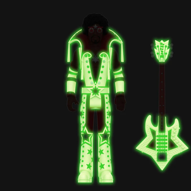 Glowing green costume with star patterns and a matching guitar on a black background