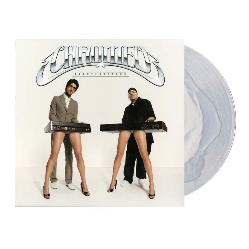 Vinyl record with a cover featuring two people with electronic keyboards and the words Chromeo Fancy Footwork 