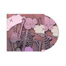 Vinyl record with a skeleton and gloves design on a pink background