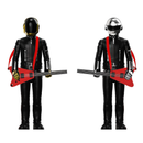 Two Daft  Punk robot action figures in black suits with red guitars on a white background