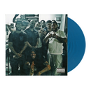 A blue colored vinyl record with a group of people posing for a photo, presumably the artist and collaborators.