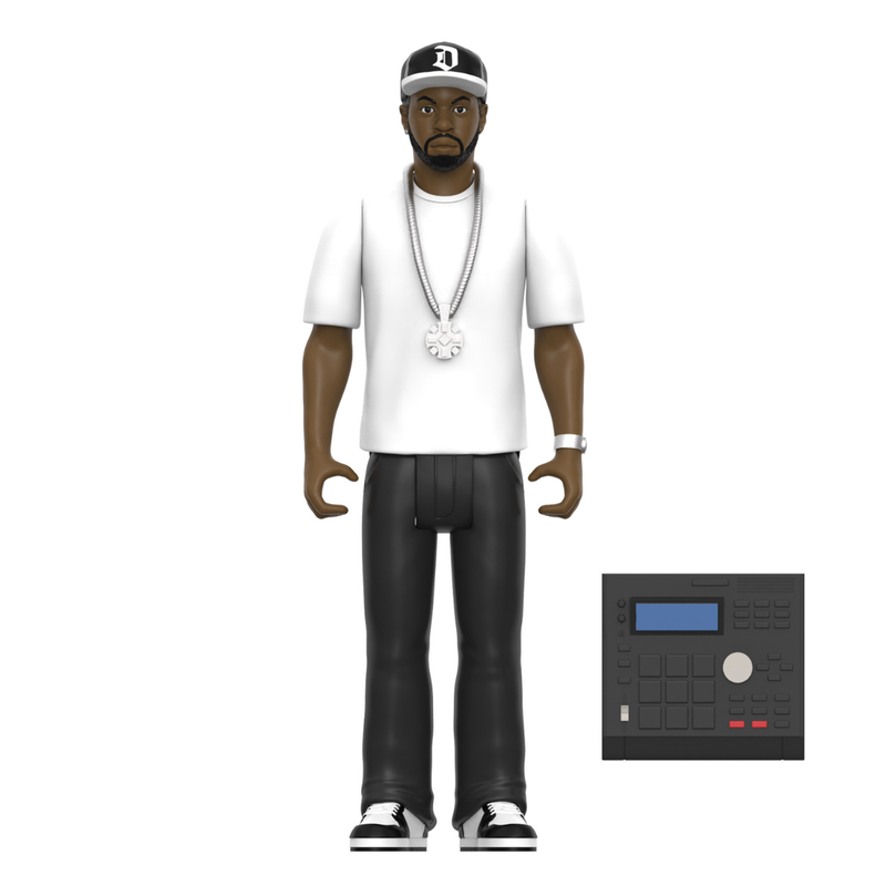 Action figure of a J Dilla wearing a white shirt, black pants, and a cap, with a small electronic device on a white background.