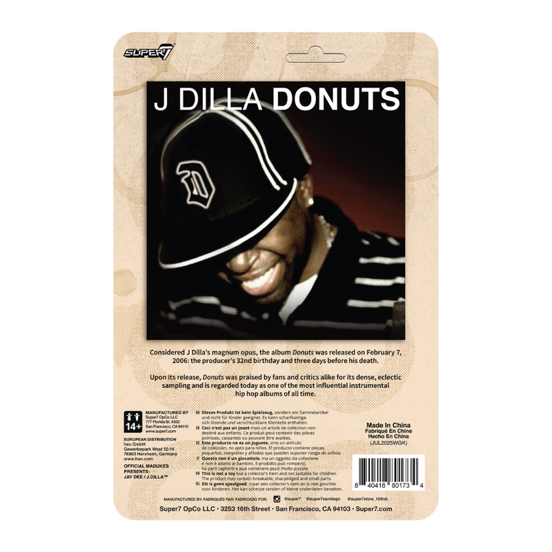 Product packaging for J Dilla's 'Donuts' album with a photo of the artist on a beige background.